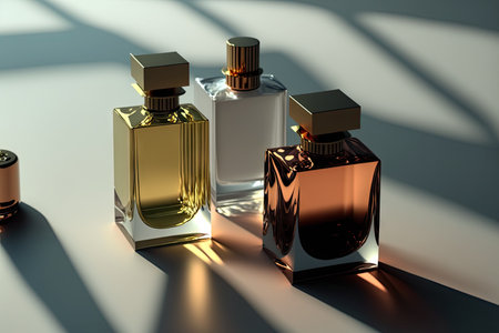 Collection of transparent multi color glass perfume bottles on a light background. Art composition still life. Stylish perfume banner. Generative AI.の素材