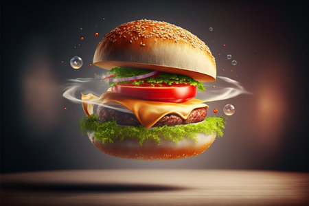 Tasty hamburger with flying ingredients on dark background. Generative AIの素材