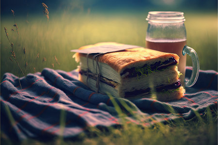 Picnic in the grass, sandwich on plaid. Blurred background. Generative AIの素材