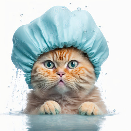 Funny illustration of moody cat wearing shower cap. white background. Generative AIの素材