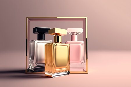 Collection of transparent multi color glass perfume bottles on a light background. Art composition still life. Stylish perfume banner. Generative AI.の素材