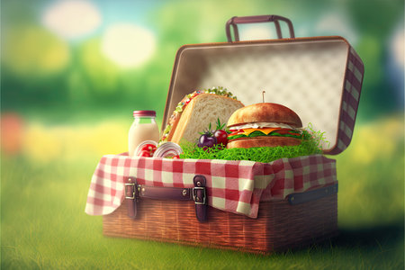Picnic in the grass, basket with food and drink. Blurred background. Generative AIの素材
