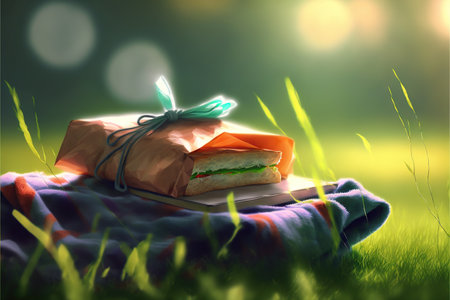 Picnic in the grass, sandwich on plaid. Blurred background. Generative AIの素材