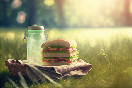 Picnic in the grass, sandwich on plaid. Blurred background. Generative AIの素材