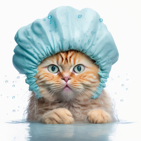 Funny illustration of moody cat wearing shower cap. white background. Generative AIの素材
