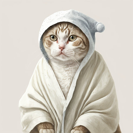 Funny illustration of moody cat wearing bathrobe. white background. Generative AIの素材