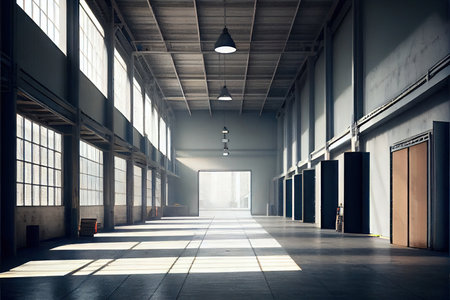 Interior of empty industrial warehouse or garage. Generative AIの素材