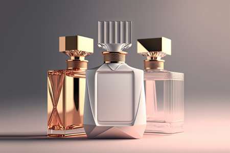 Collection of transparent multi color glass perfume bottles on a light background. Art composition still life. Stylish perfume banner. Generative AI.の素材