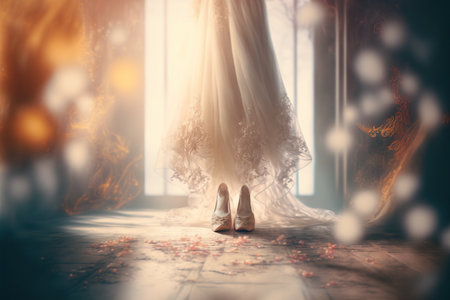 Beautiful lace shoes and wedding dress, bokeh. Generative AIの素材
