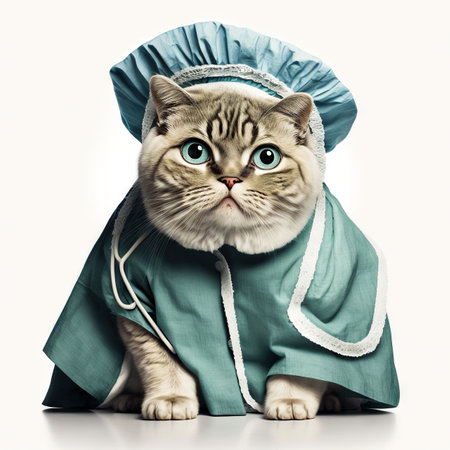 Cat in a doctor, mdical worker outfit on a light background. Generative AI.の素材