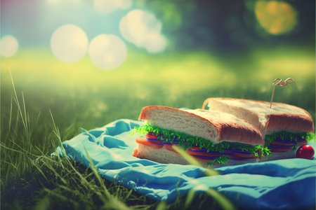 Picnic in the grass, sandwich on plaid. Blurred background. Generative AIの素材