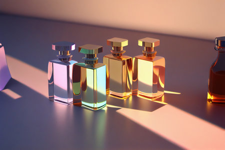 Collection of transparent multi color glass perfume bottles on a light background. Art composition still life. Stylish perfume banner. Generative AI.の素材