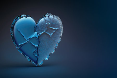 Heart made of ice broken into two parts, blue background. Generative AIの素材