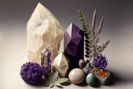 Abstract composition of semi-precious stones , quartz, amethyst. Generative AIの素材