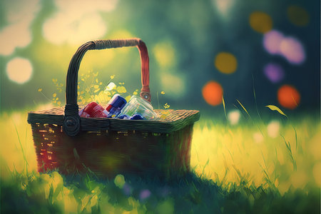 Picnic in the grass, basket with food and drink. Blurred background. Generative AIの素材