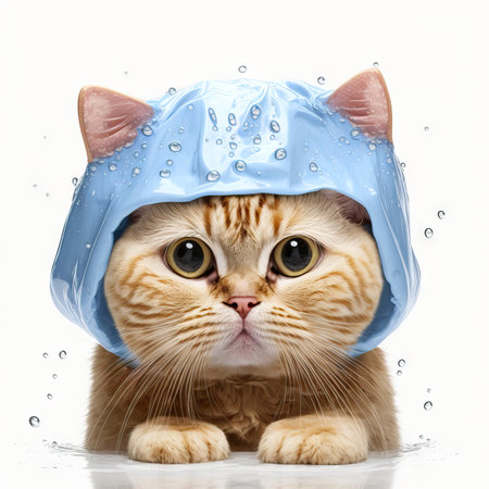 Funny illustration of moody cat wearing shower cap. white background. Generative AIの素材