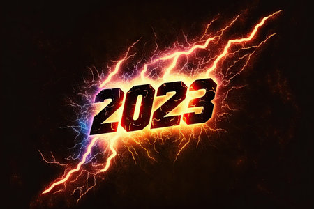 New Year 2023 celebration font. Thunder electric style. Generative AIの素材