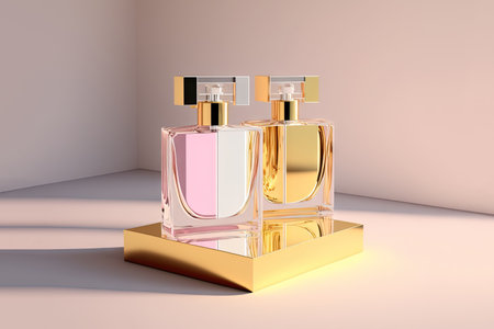 Collection of transparent multi color glass perfume bottles on a light background. Art composition still life. Stylish perfume banner. Generative AI.の素材
