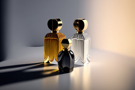 Collection of transparent multi color glass perfume bottles on a light background. Art composition still life. Stylish perfume banner. Generative AI.の素材