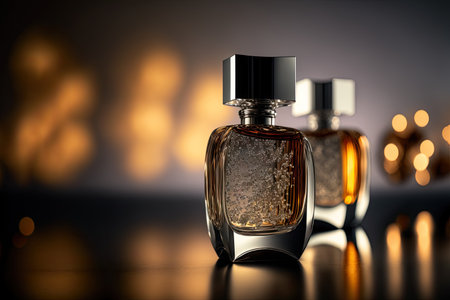 Collection of transparent multi color glass perfume bottles on a light background. Art composition still life. Stylish perfume banner. Generative AI.の素材