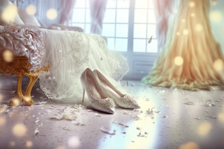 Beautiful lace shoes and wedding dress, bokeh. Generative AIの素材