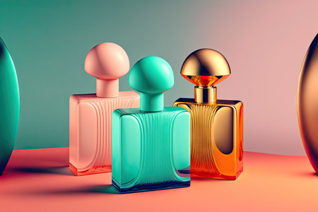 Collection of transparent multi color glass perfume bottles on a light background. Art composition still life. Stylish perfume banner. Generative AI.の素材