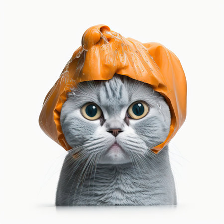 Funny illustration of moody cat wearing shower cap. white background. Generative AIの素材