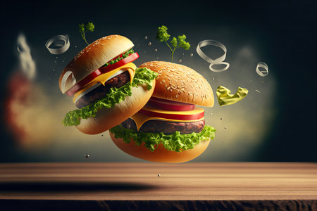 Tasty hamburger with flying ingredients on dark background. Generative AIの素材
