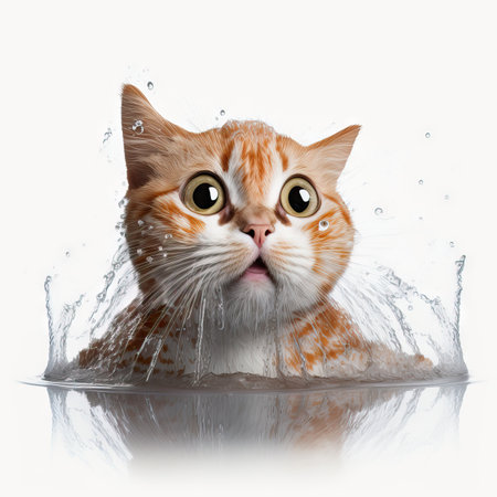 Funny illustration of surprised cat swimming, splashes of water around. white background. Generative AIの素材