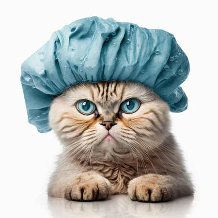 Funny illustration of moody cat wearing shower cap. white background. Generative AIの素材