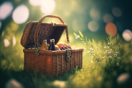 Picnic in the grass, basket with food and drink. Blurred background. Generative AIの素材