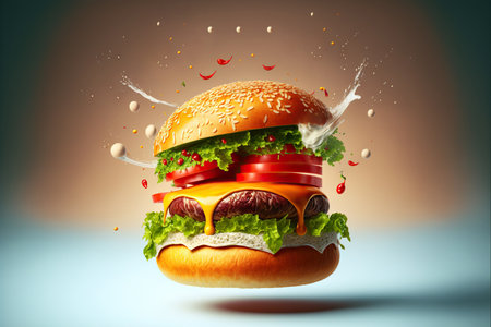 Tasty hamburger with flying ingredients on dark background. Generative AIの素材