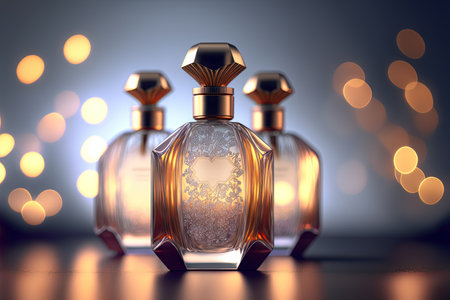 Collection of transparent multi color glass perfume bottles on a light background. Art composition still life. Stylish perfume banner. Generative AI.の素材