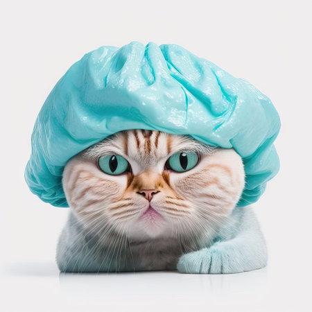 Funny illustration of moody cat wearing shower cap. white background. Generative AIの素材