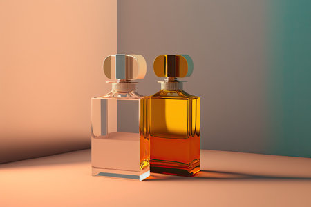 Collection of transparent multi color glass perfume bottles on a light background. Art composition still life. Stylish perfume banner. Generative AI.の素材