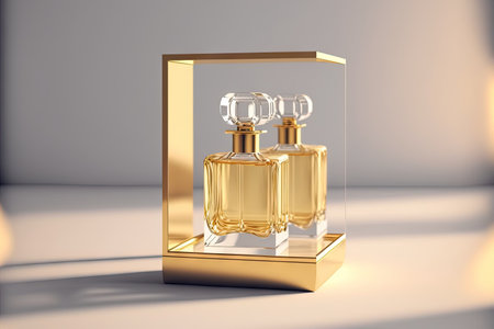 Collection of transparent multi color glass perfume bottles on a light background. Art composition still life. Stylish perfume banner. Generative AI.の素材