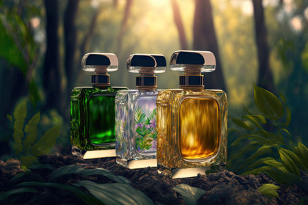 Collection of transparent multi color glass perfume bottles on a green background. Art composition still life. Generative AI.の素材