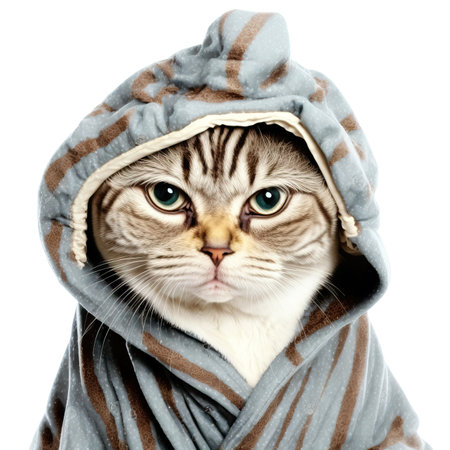 Funny illustration of moody cat wearing bathrobe. white background. Generative AIの素材