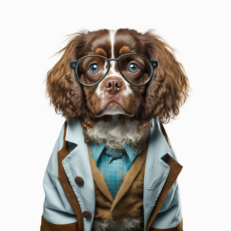 Dog in a doctor, medical worker outfit on a light background. Generative AI.の素材