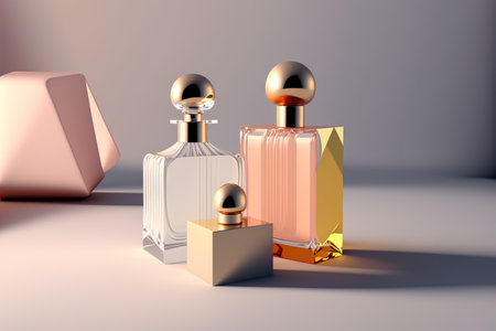 Collection of transparent multi color glass perfume bottles on a light background. Art composition still life. Stylish perfume banner. Generative AI.の素材