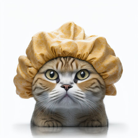 Funny illustration of moody cat wearing shower cap. white background. Generative AIの素材