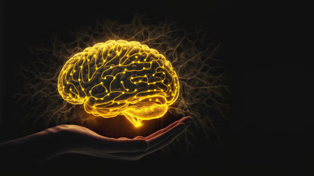 Hands holding glowing brain, futuristic concept. Generative AI.の素材