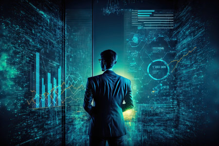 Businessman analyzing data, blue background. Generative AI.の素材