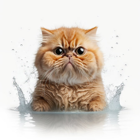 Funny illustration of surprised cat swimming, splashes of water around. white background. Generative AIの素材