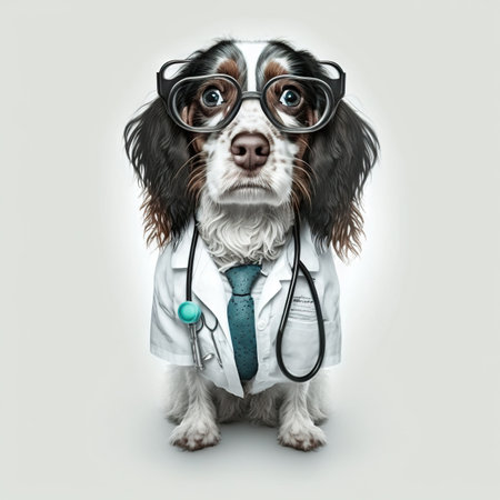 Dog in a doctor, medical worker outfit on a light background. Generative AI.の素材