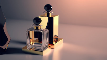 Collection of transparent multi color glass perfume bottles on a light background. Art composition still life. Stylish perfume banner. Generative AI.の素材