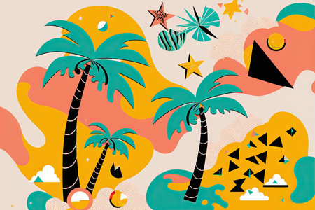 Abstract illustration with colorful geometric and natural elements. Summer tropical theme. Generative AIの素材