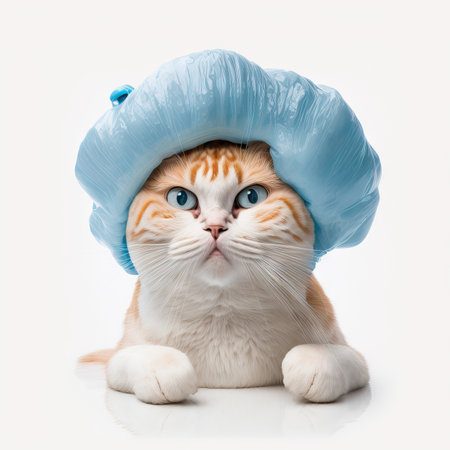 Funny illustration of moody cat wearing shower cap. white background. Generative AIの素材