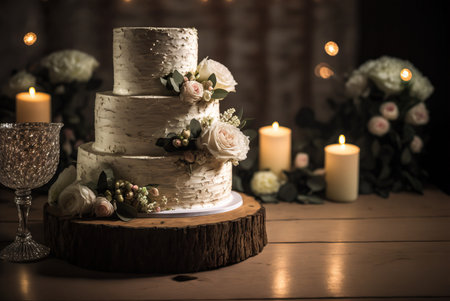 Elegant layered wedding cake. Generative AIの素材