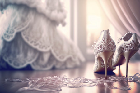 Beautiful lace shoes and wedding dress, bokeh. Generative AIの素材